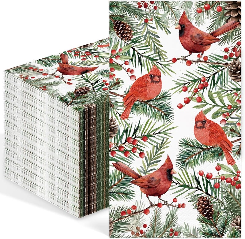 IANFEPH 100 Pcs Christmas Napkin 3 Ply Disposable Bathroom Guest Hand Towels Xmas Vintage Bird Pine Decorative Dinner Napkins for Winter Holiday Kitchen Wedding Birthday Party - Image 1